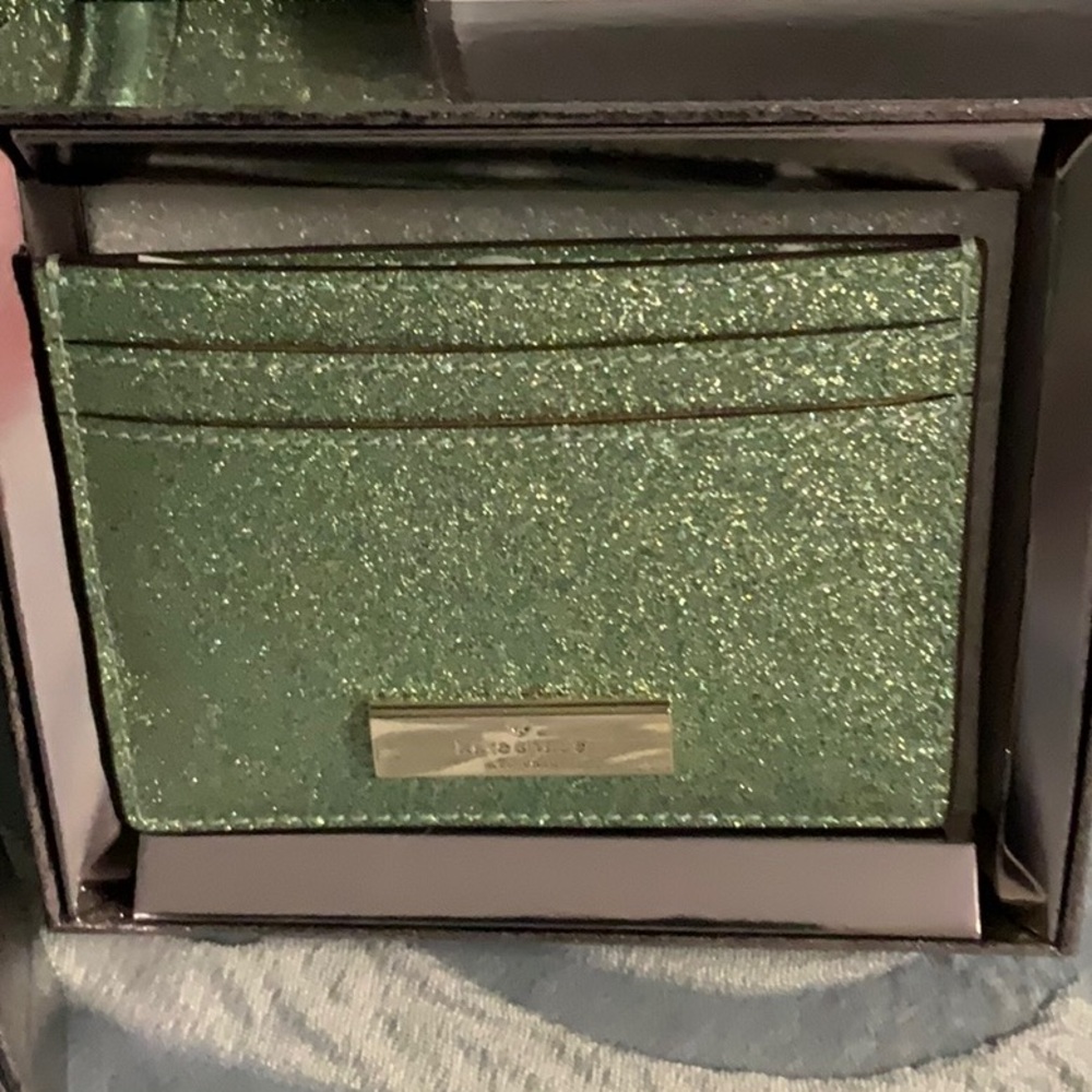 Kate Spade NWT Mini Tote Green Gold Glitter Bag, Wallet, Card Case Retail$580 - Picture 5 of 14